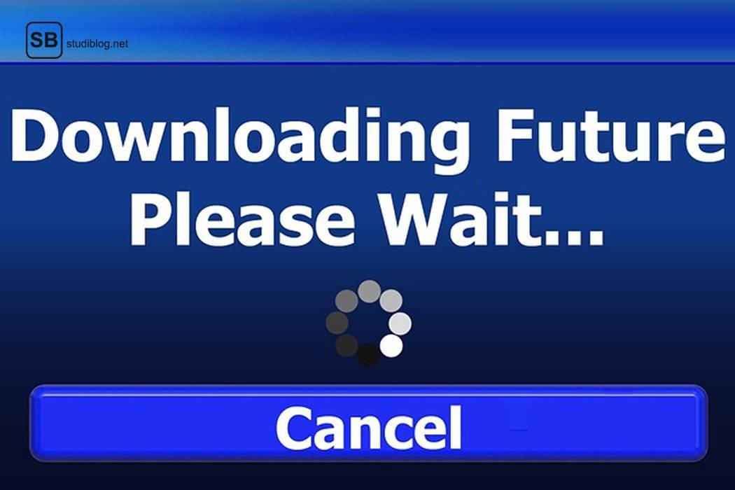 Screenshot mit blauem Hintergrund auf dem steht 'Downloading Future, Please Wait' zum Thema Studienabbruch.
